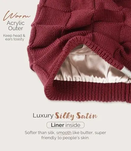 Hat Hut Women's Beanie Satin Lined Beanie Winter Hats for Women Men, Silk Lined Slouchy Beanie Hats Soft Warm Ski Hat Unisex - 1