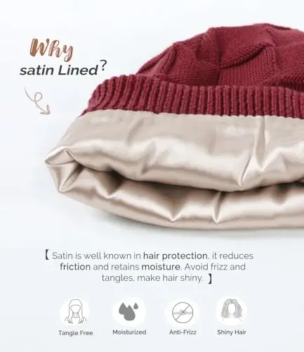 Hat Hut Women's Beanie Satin Lined Beanie Winter Hats for Women Men, Silk Lined Slouchy Beanie Hats Soft Warm Ski Hat Unisex - 3