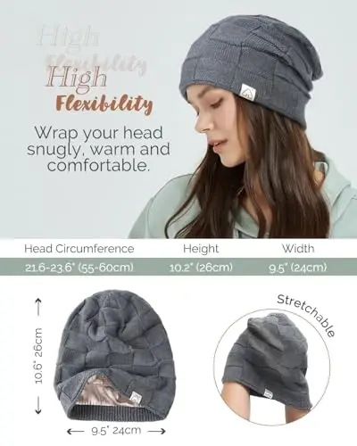 Hat Hut Womens Beanie Satin Lined Beanie Winter Hats for Women Men, Silk Lined Slouchy Beanie Hats Soft Warm Ski Hat Unisex - 5