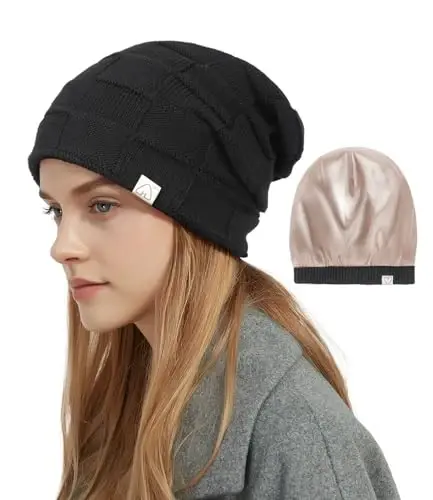 Hat Hut Womens Beanie Satin Lined Beanie Winter Hats for Women Men, Silk Lined Slouchy Beanie Hats Soft Warm Ski Hat Unisex - 1