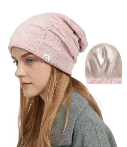 Hat Hut Womens Beanie Satin Lined Beanie Winter Hats for Women Men, Silk Lined Slouchy Beanie Hats Soft Warm Ski Hat Unisex 