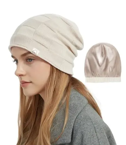 Hat Hut Womens Beanie Satin Lined Beanie Winter Hats for Women Men, Silk Lined Slouchy Beanie Hats Soft Warm Ski Hat Unisex 