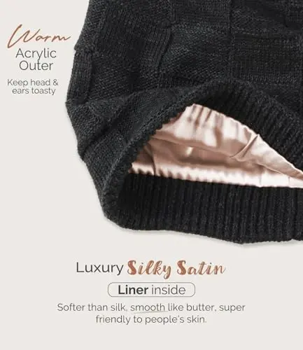 Hat Hut Womens Beanie Satin Lined Beanie Winter Hats for Women Men, Silk Lined Slouchy Beanie Hats Soft Warm Ski Hat Unisex - HAT (1)