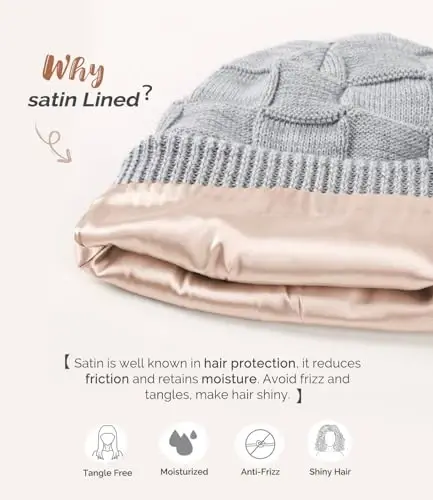 Hat Hut Womens Beanie Satin Lined Beanie Winter Hats for Women Men, Silk Lined Slouchy Beanie Hats Soft Warm Ski Hat Unisex - 3