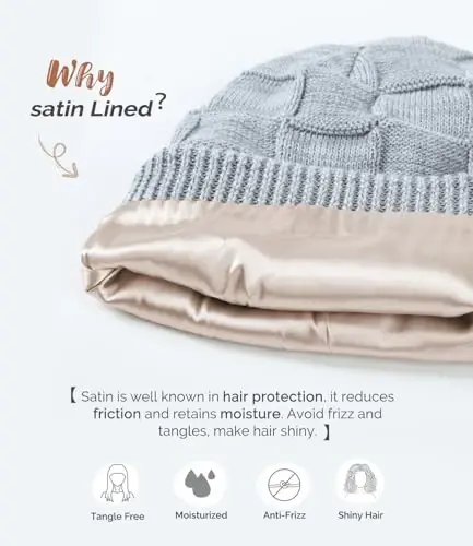 Hat Hut Womens Beanie Satin Lined Beanie Winter Hats for Women Men, Silk Lined Slouchy Beanie Hats Soft Warm Ski Hat Unisex - 3