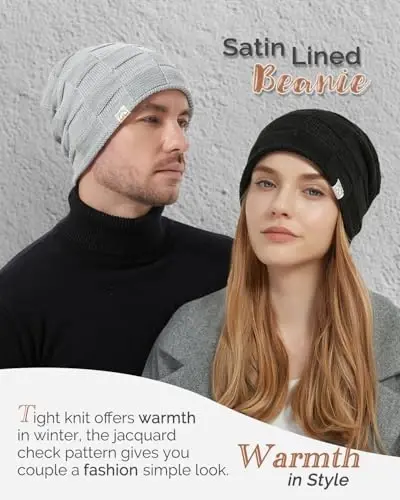 Hat Hut Womens Beanie Satin Lined Beanie Winter Hats for Women Men, Silk Lined Slouchy Beanie Hats Soft Warm Ski Hat Unisex - 4