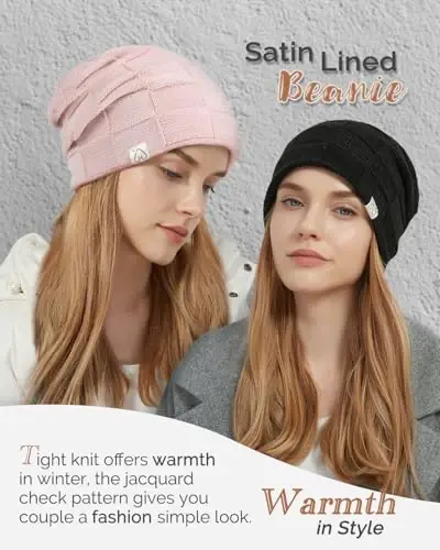 Hat Hut Womens Beanie Satin Lined Beanie Winter Hats for Women Men, Silk Lined Slouchy Beanie Hats Soft Warm Ski Hat Unisex - 4