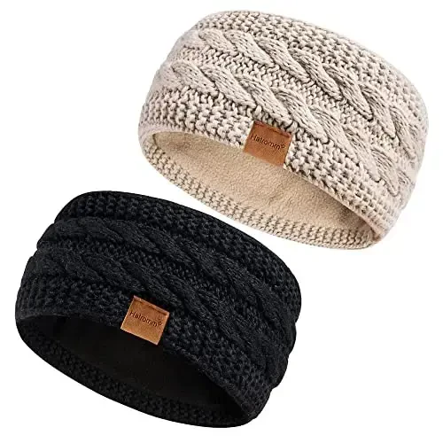 Hatromm Winter Headbands for Women Wool 2 Pack, Ear Warmers for Women Headband Knit Thick Fleece Lined, Cold Weather Warm Ear Muffs - 1