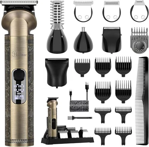 Hatteker Beard Trimmer Kit Professional Hair Clipper Zero Gapped T-Blade Trimmer Electric Razor Shaver for Nose Ear Body Face Mustache Trimmer for Men Cordless Grooming Kit 8 in 1 - Hatteker