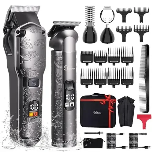 Hatteker erkaklar uchun professional soch kesgich Soqol Trimmer Clippers va Trimmer to'plami Suv o'tkazmaydigan T-Blade Trimmer Simsiz Parvarishlash to'plami Burun Tana Soch Trimmer Sartarosh Clippers Soch kesish to'plami - MODAZONE