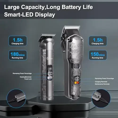 Hatteker erkaklar uchun professional soch kesgich Soqol Trimmer Clippers va Trimmer to'plami Suv o'tkazmaydigan T-Blade Trimmer Simsiz Parvarishlash to'plami Burun Tana Soch Trimmer Sartarosh Clippers Soch kesish to'plami - 5