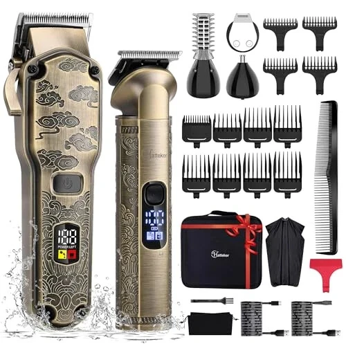 Hatteker Professional Hair Clippers for Men Beard Trimmer Clippers and Trimmer Set Waterproof T-Blade Trimmer Cordless Grooming Kit Nose Body Hair Trimmer Barber Clippers Hair Cutting Kit - Hatteker