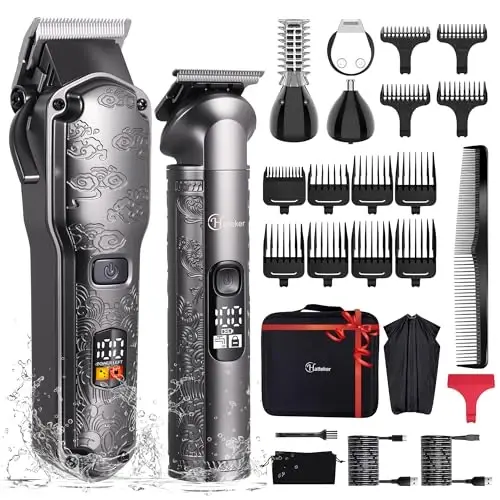Hatteker Professional Hair Clippers for Men Beard Trimmer Clippers and Trimmer Set Waterproof T-Blade Trimmer Cordless Grooming Kit Nose Body Hair Trimmer Barber Clippers Hair Cutting Kit - 1