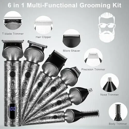 Hatteker Beard Trimmer Kit for Men Professional Hair Clipper T-Blade Beard Hair Shaver Nose Trimmer Hair Cutting Kit Body Grooming Kit Cordless 6 in 1 - 2