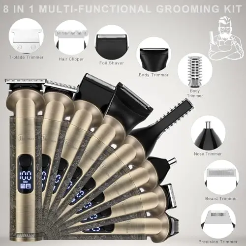 Hatteker Beard Trimmer Kit Professional Hair Clipper Zero Gapped T-Blade Electric Razor Shaver for Nose Ear Body Face Mustache Trimmer for Men Cordless Grooming Kit 8 in 1 - HATTEKER (1)