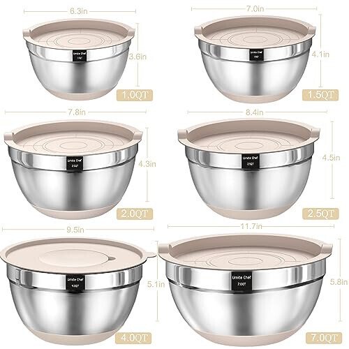 Mixing Bowls with Airtight Lids Set, 26PCS Stainless Steel Khaki Bowls with Grater AttacModazoneents, Non-Slip Bottoms & Kitchen Gadgets Set, Size 7, 4, 2.5, 2.0,1.5, 1QT, Great for Mixing & Serving - UMITE CHEF (1)