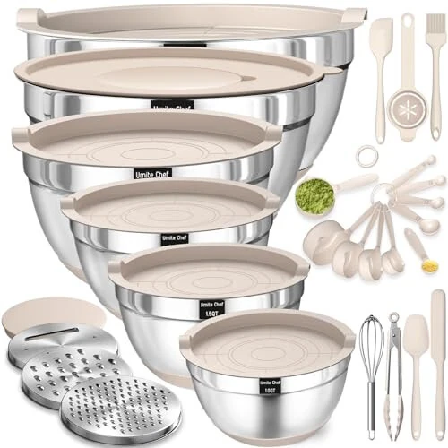 Mixing Bowls with Airtight Lids Set, 26PCS Stainless Steel Khaki Bowls with Grater AttacModazoneents, Non-Slip Bottoms & Kitchen Gadgets Set, Size 7, 4, 2.5, 2.0,1.5, 1QT, Great for Mixing & Serving - UMITE CHEF