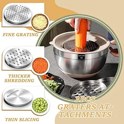 Mixing Bowls with Airtight Lids Set, 26PCS Stainless Steel Khaki Bowls with Grater AttacModazoneents, Non-Slip Bottoms & Kitchen Gadgets Set, Size 7, 4, 2.5, 2.0,1.5, 1QT, Great for Mixing & Serving - 3