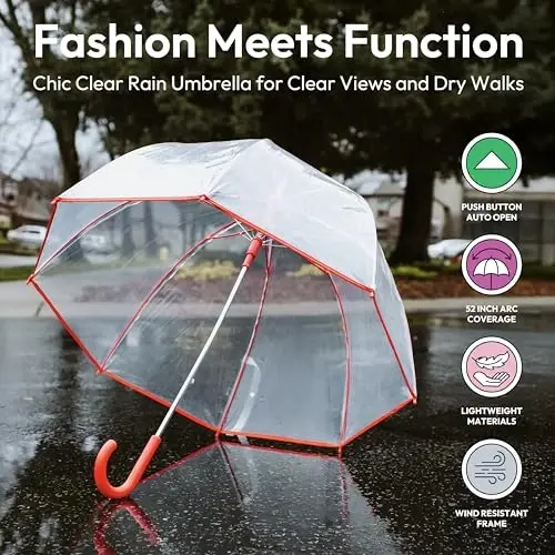 Weather Station Clear Dome Rain Umbrella - Automatic Open, Bubble, Transparent, Red Trim 