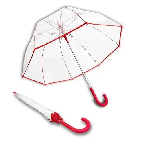 Weather Station Clear Dome Rain Umbrella - Automatic Open, Bubble, Transparent, Red Trim - 5