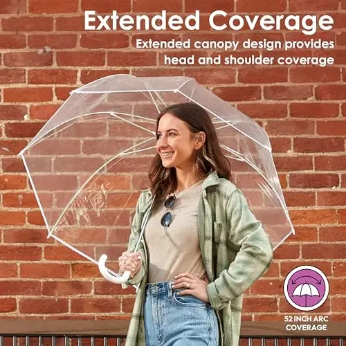 Weather Station Clear Dome Rain Umbrella - Automatic Open, Bubble, Transparent, Red Trim - 4