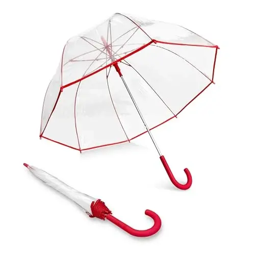Weather Station Clear Dome Rain Umbrella - Automatic Open, Bubble, Transparent, Red Trim 