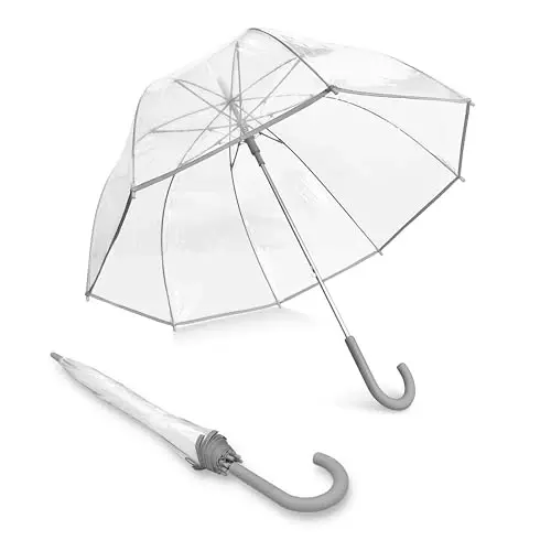Weather Station Clear Dome Rain Umbrella, Automatic Open, Bubble, Windproof, Waterproof, Lightweight, Full 52 Inch Arc, Stick, Gray Trim - 1