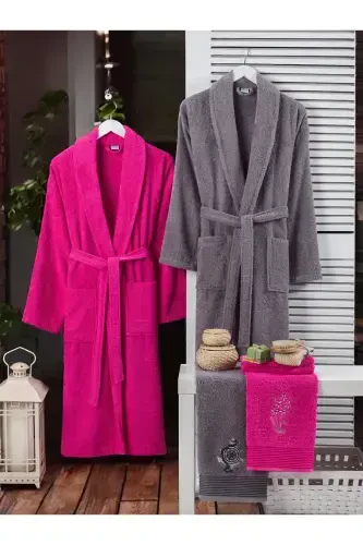 Havlu Hediyeli Çift Kişilik Bornoz Set-FUŞYA - 2