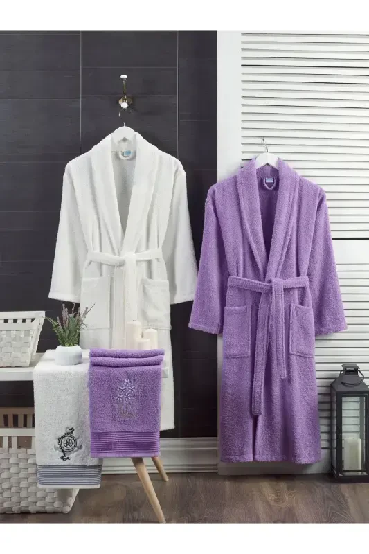 Havlu Hediyeli Çift Kişilik Bornoz Set-KREM - 1