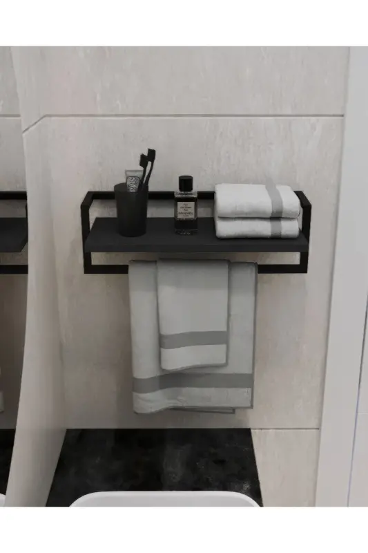 Havluluk Antrasit Duvara Monte Raf Aksesuarlık Şal Askılığı Banyo Mutfak Düzenleyici Çok Amaçlı Raf - Antrasit - AJU