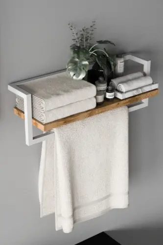 Havluluk Banyo Rafı Havlu Askısı Şal Aksesuar Bakım Ürünleri Banyo Mutfak Düzenleyici Baharatlık Raf - Beyaz-Ceviz - 3