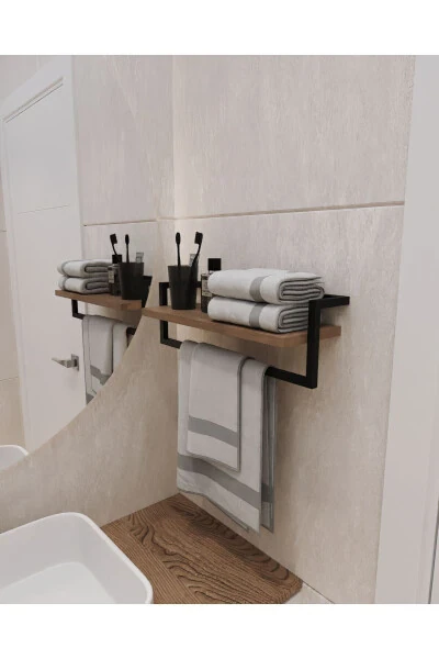 Havluluk Banyo Rafı Sabunluk Şal Askılığı Havlu Askısı Banyo Mutfak Düzenleyici Çok Amaçlı Raf-Ahşap - AJU (1)