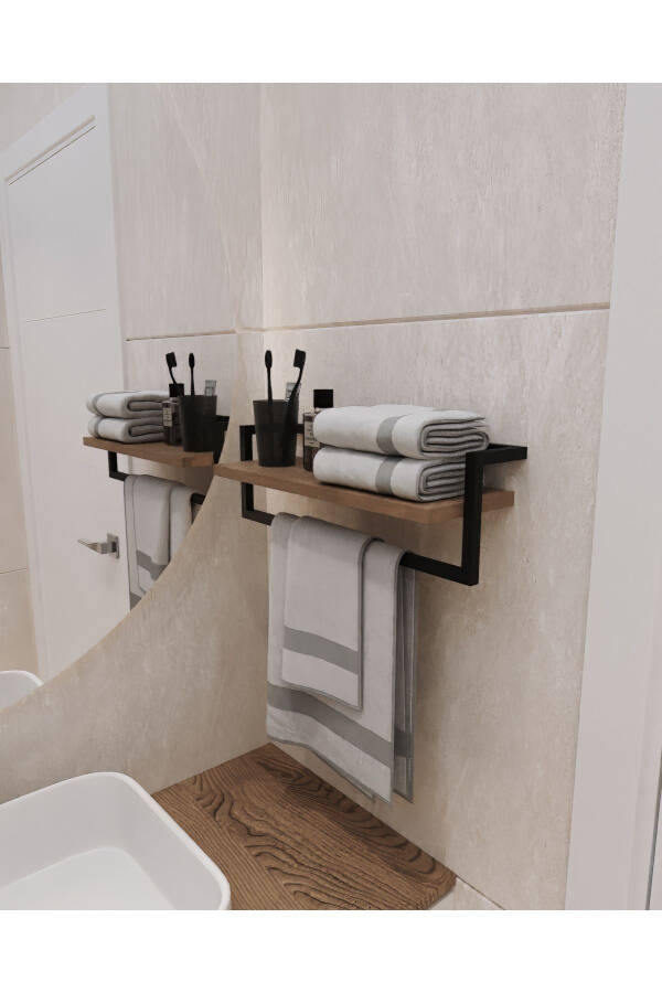Havluluk Banyo Rafı Sabunluk Şal Askılığı Havlu Askısı Banyo Mutfak Düzenleyici Çok Amaçlı Raf - Ahşap - 2