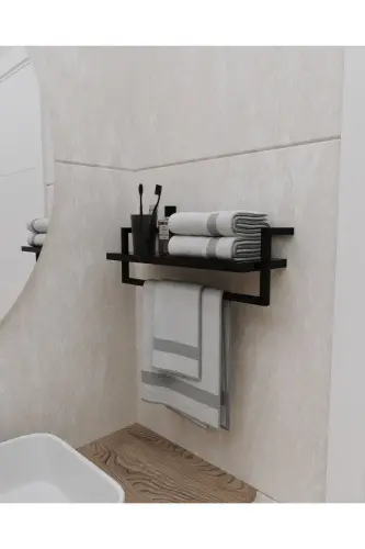 Havluluk Siyah Duvara Monte Raf Aksesuarlık Şal Askılığı Banyo Mutfak Düzenleyici Çok Amaçlı Raf - Siyah - AJU (1)