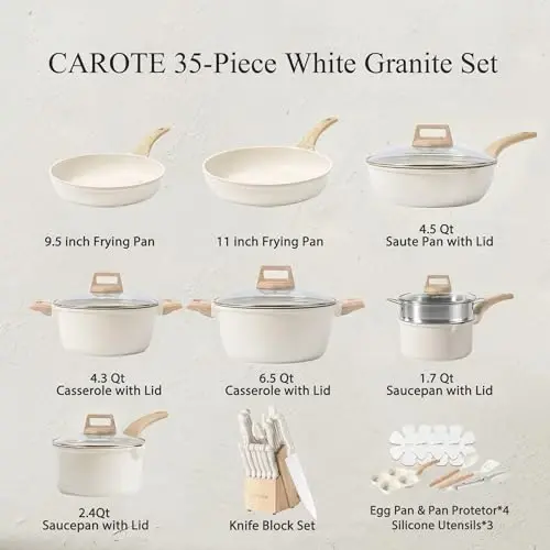 CAROTE ICE 35pcs Pots and Pans Set, Nonstick Cookware Sets, White Granite Induction Cookware with Kitchen Knife Set - CAROTE (1)