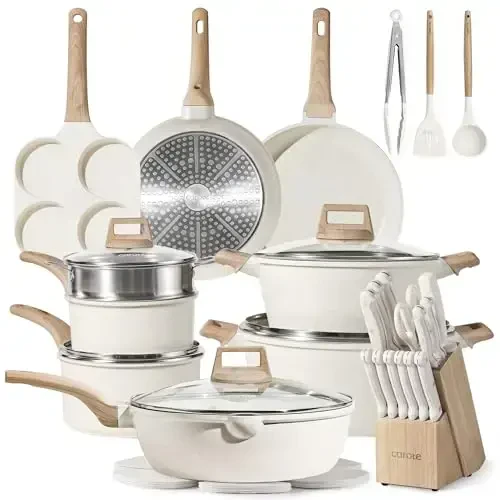 CAROTE ICE 35pcs Pots and Pans Set, Nonstick Cookware Sets, White Granite Induction Cookware with Kitchen Knife Set - 1