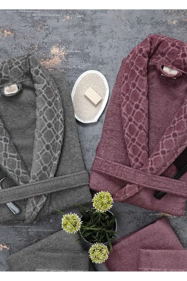 Hayal 12 Parça Kutulu Jakarlı Bornoz Takımı | Bornoz | Havlu & Havlu Seti | Banyo Çeyiz Seti-antrasit - 3