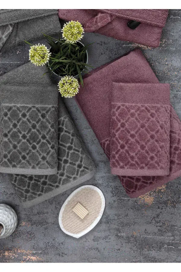 Hayal 12 Parça Kutulu Jakarlı Bornoz Takımı | Bornoz | Havlu & Havlu Seti | Banyo Çeyiz Seti-antrasit - 4