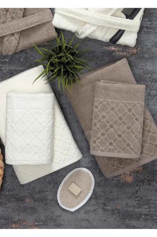 Hayal 12 Parça Kutulu Jakarlı Bornoz Takımı | Bornoz | Havlu & Havlu Seti | Banyo Çeyiz Seti-kahve - 4