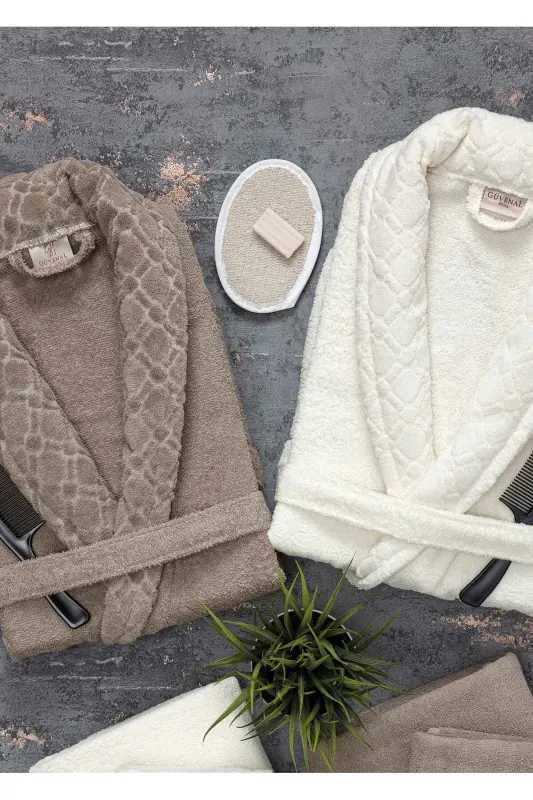 Hayal 12 Parça Kutulu Jakarlı Bornoz Takımı | Bornoz | Havlu & Havlu Seti | Banyo Çeyiz Seti-kahve - 3