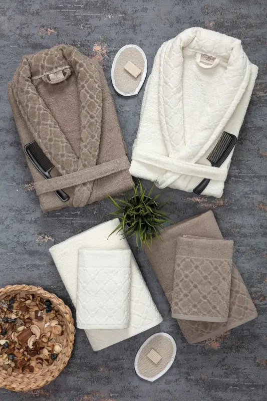 Hayal 12 Parça Kutulu Jakarlı Bornoz Takımı | Bornoz | Havlu & Havlu Seti | Banyo Çeyiz Seti-kahve - GÜVENAL