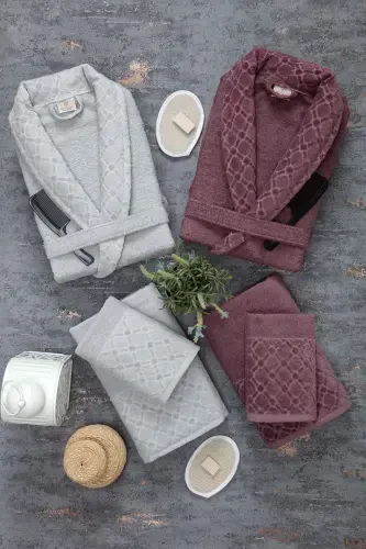 Hayal 12 Pcs Boxed Jacquard Bathrobe Set | Bathrobe | Towel & Towel Set | Bath Dowry Set-gray - 1