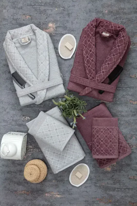 Hayal 12 Pcs Boxed Jacquard Bathrobe Set | Bathrobe | Towel & Towel Set | Bath Dowry Set-gray - GÜVENAL
