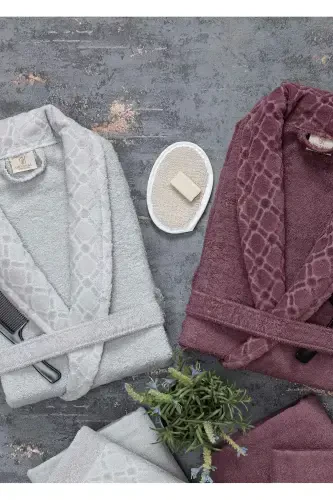 Hayal 12 Pcs Boxed Jacquard Bathrobe Set | Bathrobe | Towel & Towel Set | Bath Dowry Set-gray - 3