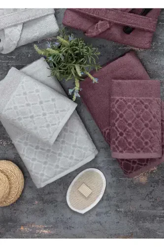 Hayal 12 Pcs Boxed Jacquard Bathrobe Set | Bathrobe | Towel & Towel Set | Bath Dowry Set-gray - 4