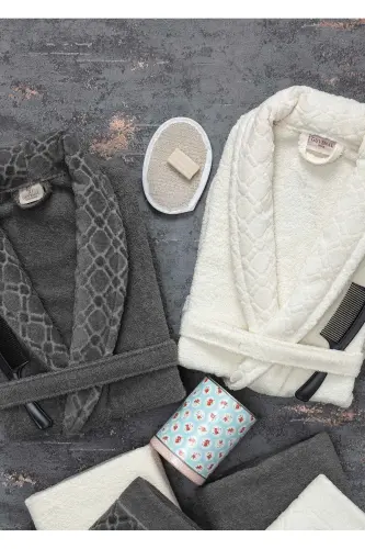 Hayal 12 Pcs Boxed Jacquard Bathrobe Set | Bathrobe | Towel & Towel Set | Bridal Trousseau Set-anthracite - 3