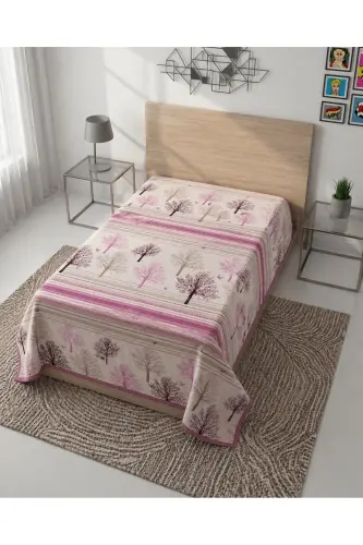 Hayat Ağacı Desen Baskılı 150x240 Cm. Tek Kişilik Tek Pike - Pembe - Pembe 