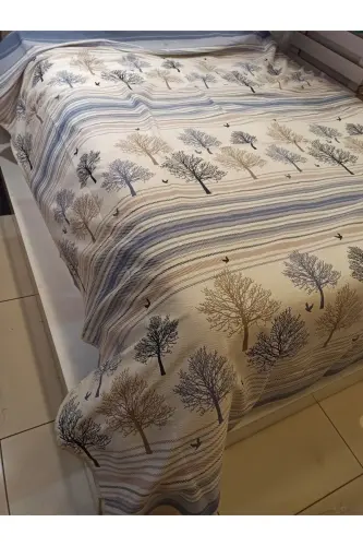 Hayat Ağacı Desen Baskılı 200x240 Cm. Çift Kişilik (BATTAL) Tek Pike - Mavi-Mavi - 5