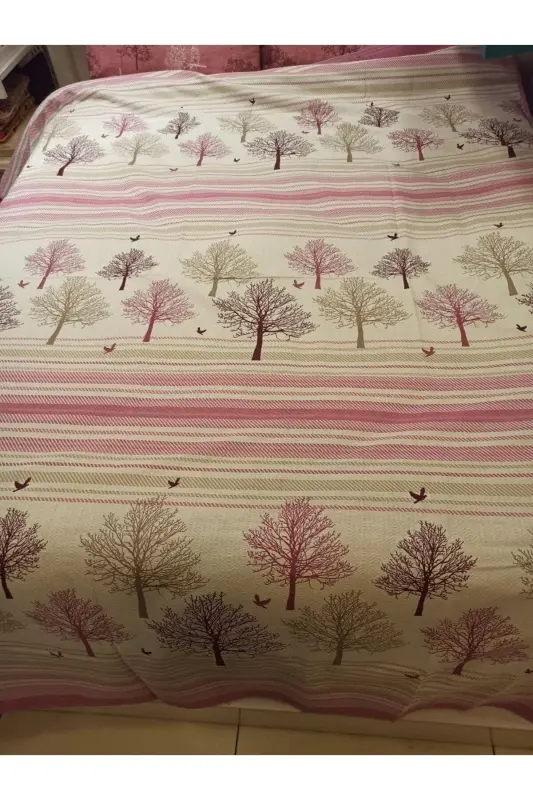 Hayat Ağacı Desen Baskılı 200x240 Cm. Çift Kişilik (BATTAL) Tek Pike - Pembe-Pembe - 1