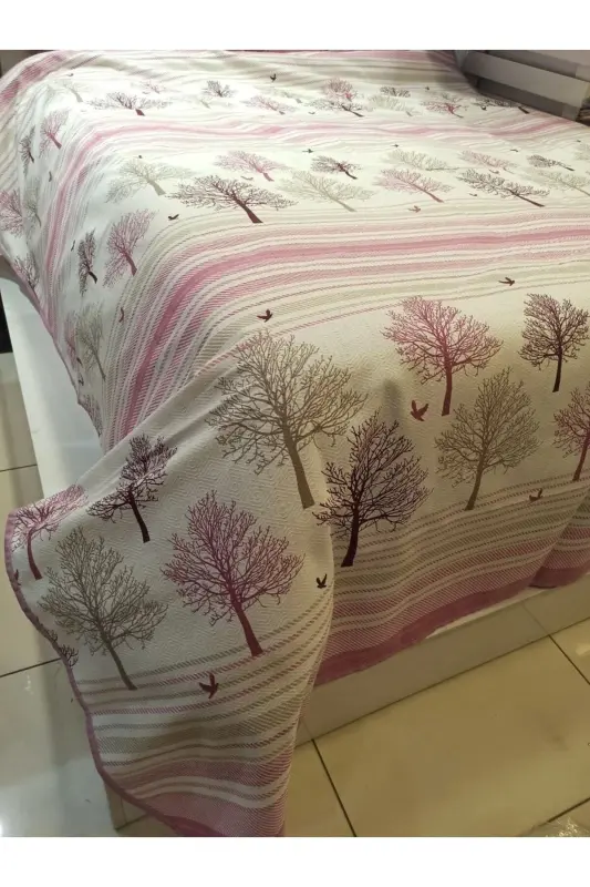 Hayat Ağacı Desen Baskılı 200x240 Cm. Çift Kişilik (BATTAL) Tek Pike - Pembe-Pembe - 2
